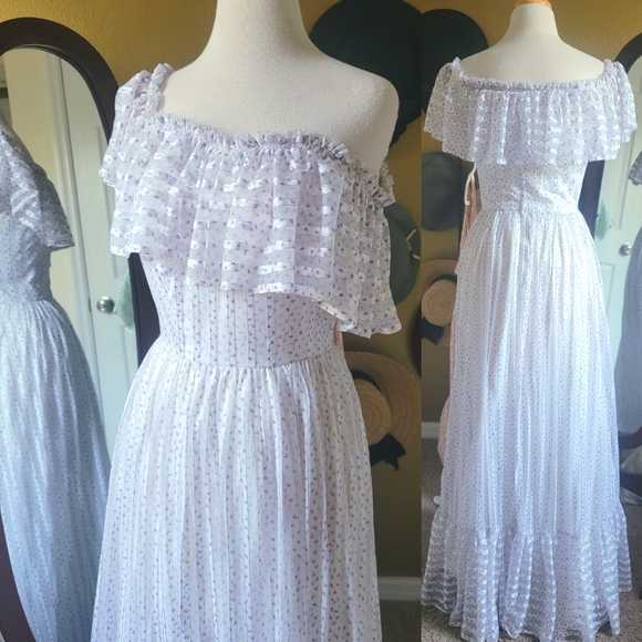 Vintage White and Purple Stripped Floral Maxi Dress - Picture 4 of 9